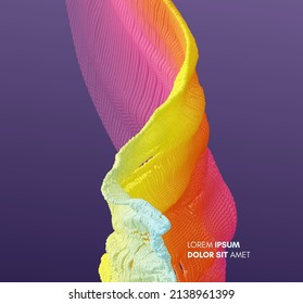 3D wavy background. Array with dynamic emitted particles. A wave formed from many spheres. Abstract vector illustration. Design template. Modern pattern.