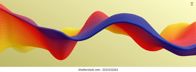 3D wavy background. Array with dynamic emitted particles. A wave formed from many spheres. Abstract vector illustration. Design template. Modern pattern.