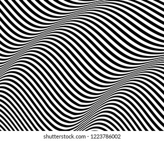 3D wavy background. Dynamic effect. Black and white design. Pattern with optical illusion. Vector illustration.