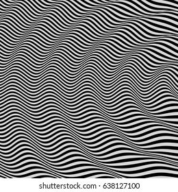 3D wavy background. Dynamic effect. Black and white design. Pattern with optical illusion. Vector illustration.