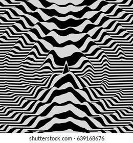 3D wavy background. Dynamic effect. Black and white design. Pattern with optical illusion. Vector illustration.