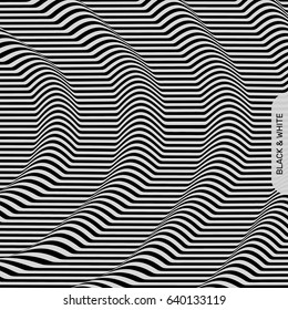 3D wavy background. Dynamic effect. Black and white design. Pattern with optical illusion. Vector illustration.