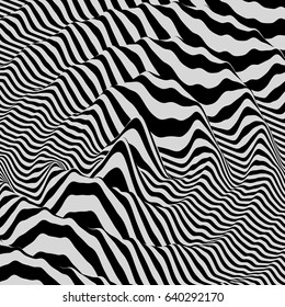 3D wavy background. Dynamic effect. Black and white design. Pattern with optical illusion. Vector illustration.