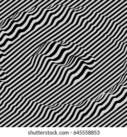 3D wavy background. Dynamic effect. Black and white design. Pattern with optical illusion. Vector illustration.