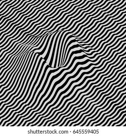 3D wavy background. Dynamic effect. Black and white design. Pattern with optical illusion. Vector illustration.