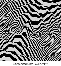 3D wavy background. Dynamic effect. Black and white design. Pattern with optical illusion. Vector illustration.