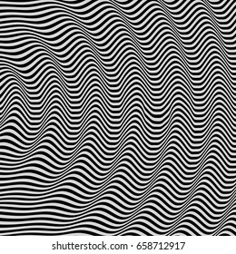 3D wavy background. Dynamic effect. Black and white design. Pattern with optical illusion. Vector illustration.