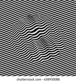 3D wavy background. Dynamic effect. Black and white design. Pattern with optical illusion. Vector illustration.