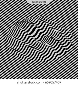 3D wavy background. Dynamic effect. Black and white design. Pattern with optical illusion. Vector illustration.