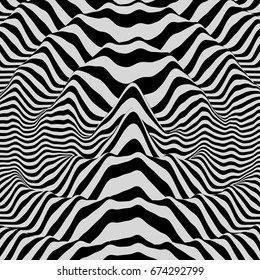 3D wavy background. Dynamic effect. Black and white design. Pattern with optical illusion. Vector illustration.