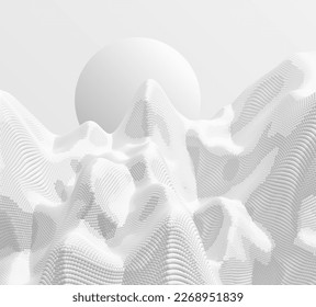 3D wavy background with dynamic particles. Futuristic landscape formed from many spheres. Abstract vector illustration for brochure, poster, presentation, flyer or banner.