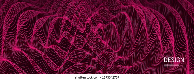3D wavy background with ripple effect. Vector illustration with particle. 3D grid surface. 