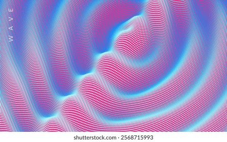 3D wavy background with ripple effect. Grid surface with particle. Vector illustration for cover, card, postcard, interior design, banner, poster, brochure or presentation.