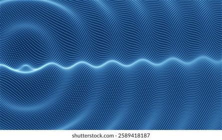 3D wavy background with ripple effect. Grid surface with particle. Vector illustration for cover, card, postcard, interior design, banner, poster, brochure or presentation.