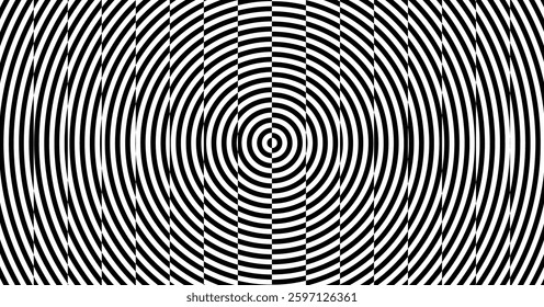 3D wavy background with ripple effect. Black and white pattern. Optical illusion dynamic pattern with displacement from multiple sliced lines. Abstract striped backdrop. Vector for design.