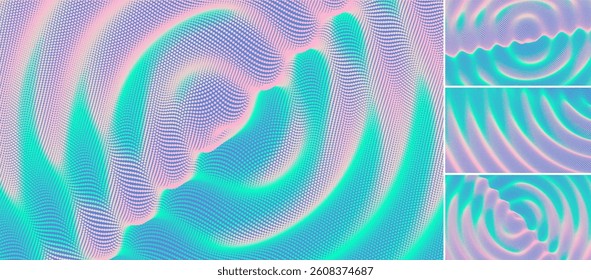 3D wavy background with ripple effect. Grid surface with particle. Vector illustration for cover, card, postcard, interior design, banner, poster, brochure or presentation.