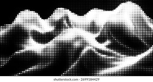 3D wavy black background with ripple effect. Grid surface with particle. Vector illustration for cover, card, postcard, interior design, banner