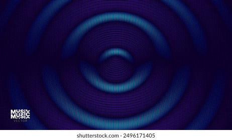 3D Wavy Digital Particles Ripple Effect Abstract Geometric Blue Color Background. Audio Halftone Ripple Visualization. Digital Water Drop Waves Concept. Particles Vector Illustration. 3D Grid Surface.