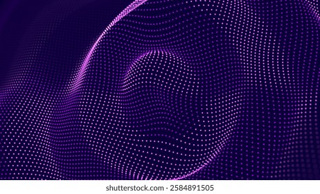 3D Wavy Digital Particles Ripple Background. Colorful Purple Digital Ripple Effect. Big Data Audio Visualization. Digital Water Drop Waves Concept. Particles Vector Illustration. 3D Grid Surface.
