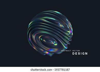 3d wavy fluorescent sphere. Abstract waving shapes with thin film effect. Liquid multicolor pattern, iridescent glossy ripples. Vector illustration.