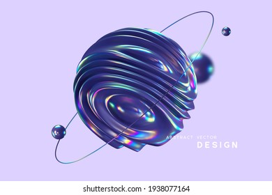 3d wavy fluorescent sphere arounded ring and balls. Abstract shapes with thin film effect. Liquid multicolor background, iridescent glossy waves. Vector illustration.