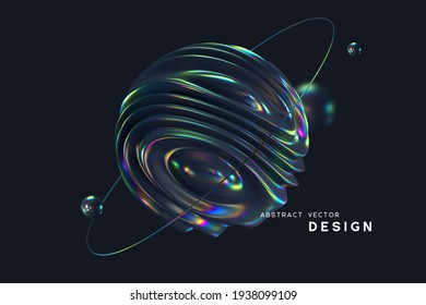 3d wavy fluorescent sphere arounded ring and balls. Abstract shapes with thin film effect. Liquid multicolor background, iridescent glossy waves. Vector illustration.