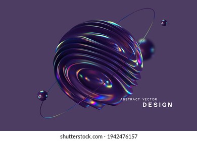 La esfera fluorescente ondula 3d arden el anillo y las bolas. Formas abstractas con efecto de película delgada. Fondo líquido multicolor, ondas iridiscentes brillantes. Ilustración vectorial.