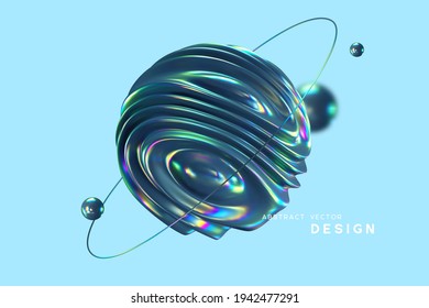 3d wavy fluorescent sphere arounded ring and balls. Abstract shapes with thin film effect. Liquid multicolor background, iridescent glossy waves. Vector illustration.