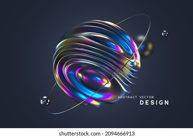 3d wavy fluorescent sphere arounded ring and balls. Abstract shapes with thin film effect. Liquid multicolor background, iridescent glossy waves. Vector illustration.