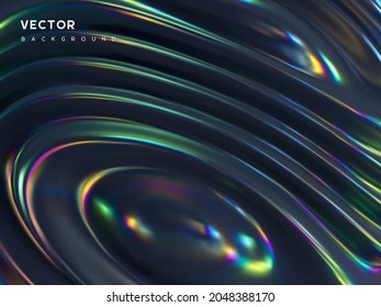 3d wavy fluorescent surface. Abstract waving background with thin film effect. Liquid multicolor pattern, iridescent glossy ripples. Vector illustration.