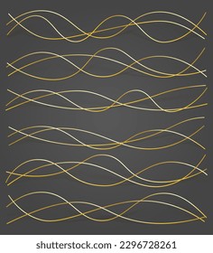 3d wavy gold lines swoosh on dark background. Luxury beauty thin curves, swirl as stream flow pattern. Soft geometric shapes as silk fiber or fablic shiny decoration