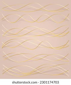 3d wavy gold lines swoosh on pink background. Luxury beauty thin curves, swirl as stream flow pattern. Soft geometric shapes as silk fiber or fablic shiny decoration