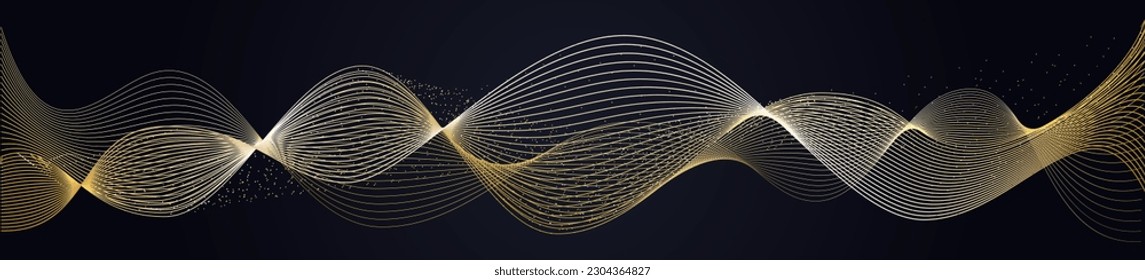 3d wavy gold lines swoosh on dark background. Luxury beauty thin curves, swirl as stream flow pattern. Soft geometric shapes as silk fiber or fablic shiny decoration