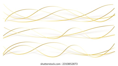 3d wavy gold lines swoosh on white background. Luxury beauty thin curves, swirl as stream flow pattern. Soft geometric shapes as silk fiber or fablic shiny decoration