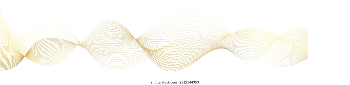 3d wavy gold lines swoosh on white background. Luxury beauty thin curves, swirl as stream flow pattern. Soft geometric shapes as silk fiber or fablic shiny decoration