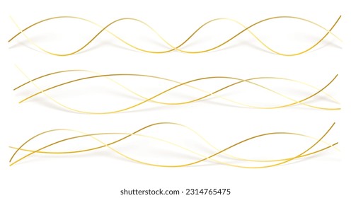 3d wavy gold lines swoosh on white background. Luxury beauty thin curves, swirl as stream flow pattern. Soft geometric shapes as silk fiber or fablic shiny decoration