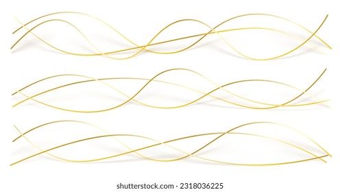 3d wavy gold lines swoosh on white background. Luxury beauty thin curves, swirl as stream flow pattern. Soft geometric shapes as silk fiber or fablic shiny decoration