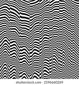 3D wavy pattern with optical illusion. Glitch abstract background. Distortion effect, bug and error. Black and white design. Vector for brochure, poster, presentation, cover, flyer or banner.