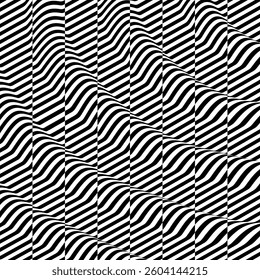 3D wavy pattern with optical illusion. Glitch abstract background. Distortion effect, bug and error. Black and white design. Vector for brochure, poster, presentation, cover, flyer or banner.
