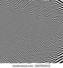 3D wavy pattern with optical illusion. Glitch abstract background. Distortion effect, bug and error. Black and white design. Vector for brochure, poster, presentation, cover, flyer or banner.