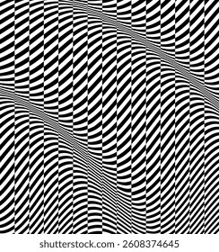 3D wavy pattern with optical illusion. Glitch abstract background. Distortion effect, bug and error. Black and white design. Vector for brochure, poster, presentation, cover, flyer or banner.