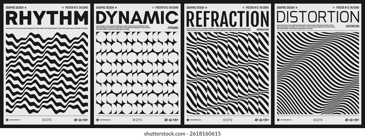 3D wavy pattern with optical illusion. Glitch abstract background. Wavy pattern with optical illusion. Abstract striped background. Black and white cover design template. Vector for brochure or flyer.