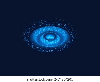 3D wavy ripple effect vector illustration. Sound impact round dynamic effect. Glowing digital moving blue concentric circles waves with particles and dots. Radio frequency pulse signal