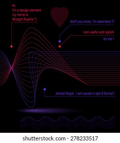 3d wavy stylish decoration, clear eps8 romantic loving heart vector illustration, motif aerial seamless dark background. Isolated web design elements.