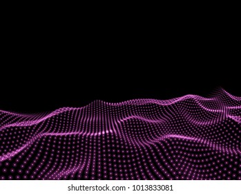 3D Wavy Surface Grid Background. Perspective view of landscape or terrain. Technology style vector illustration.