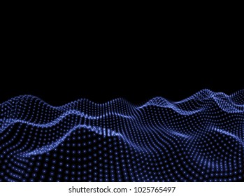 3D Wavy Surface Grid Background. Perspective view of landscape or terrain. Technology style vector illustration.