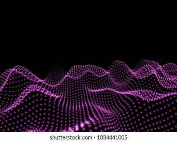 3D Wavy Surface Grid Background. Perspective view of landscape or terrain. Technology style vector illustration.