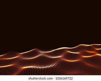 3D Wavy Surface Grid Background. Perspective view of landscape or terrain. Technology style vector illustration.