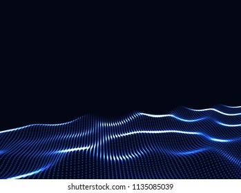 3D Wavy Surface Grid Background. Perspective view of landscape or terrain. Technology style vector illustration.