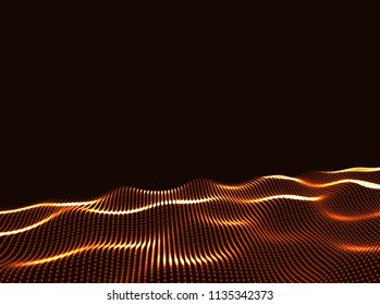 3D Wavy Surface Grid Background. Perspective view of landscape or terrain. Technology style vector illustration.